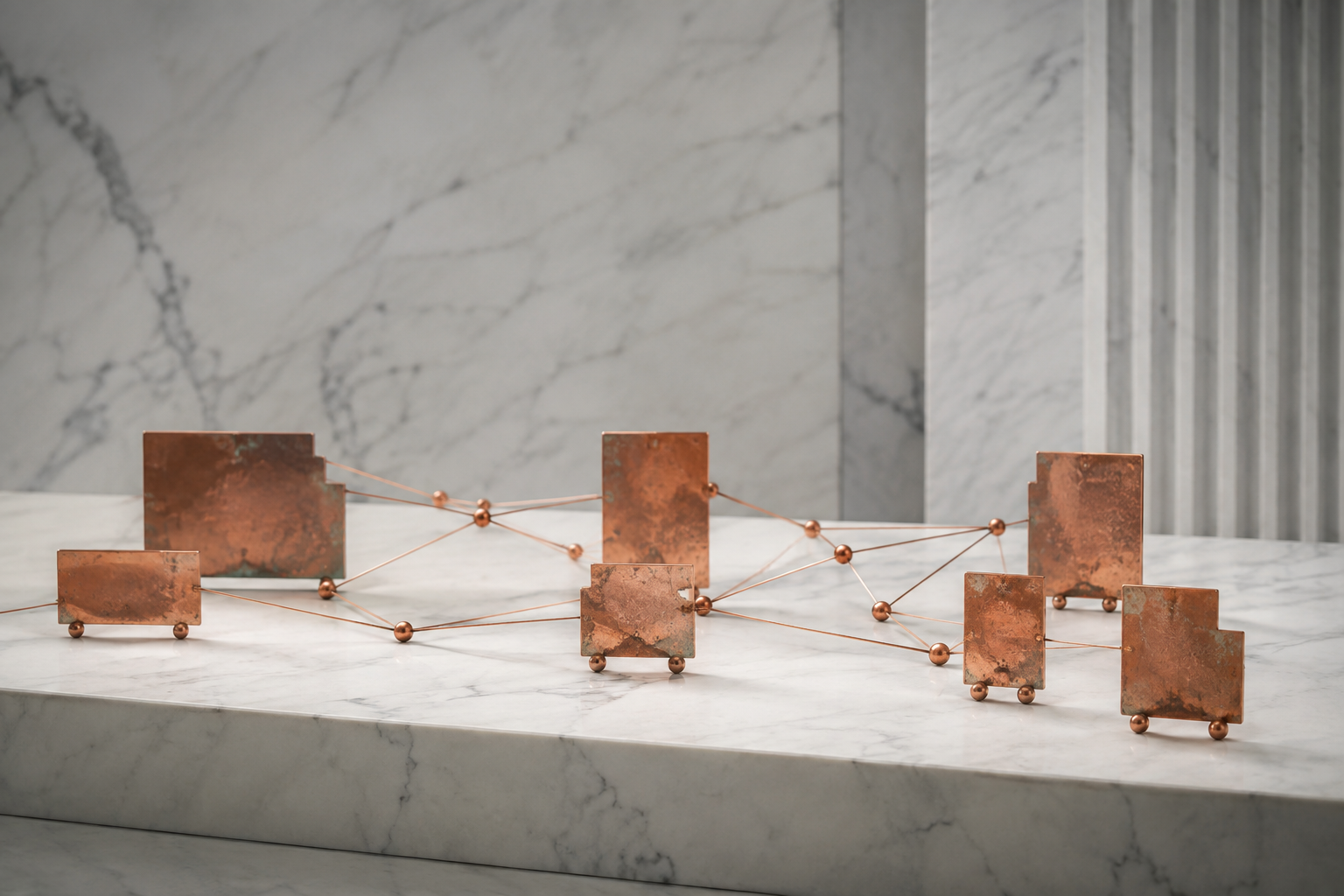 Copper record plates connected across a white marble surface