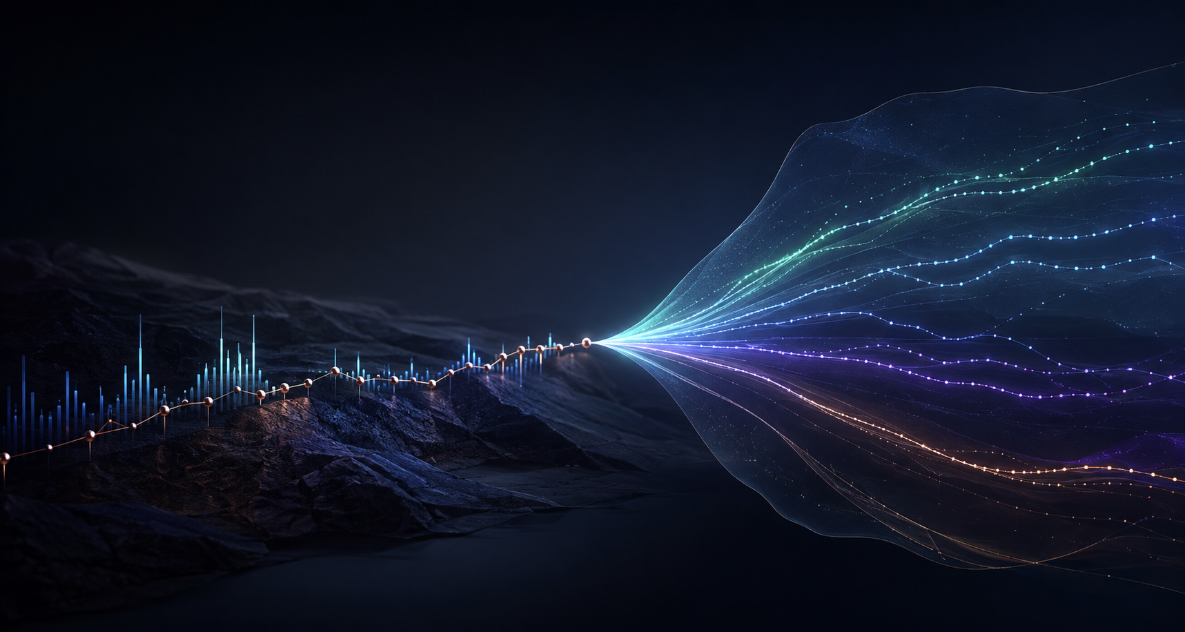 Abstract historical signals expanding into a bounded range of possible future paths