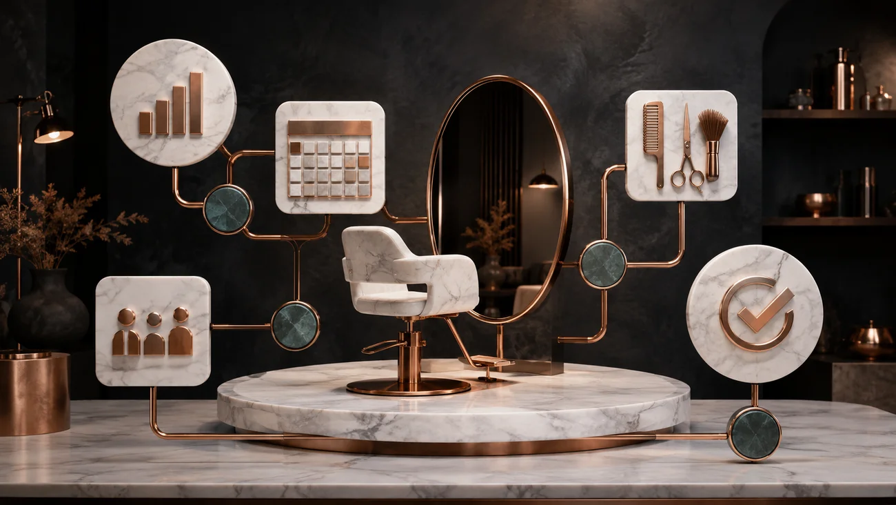 A refined salon workspace connected by copper scheduling and service pathways