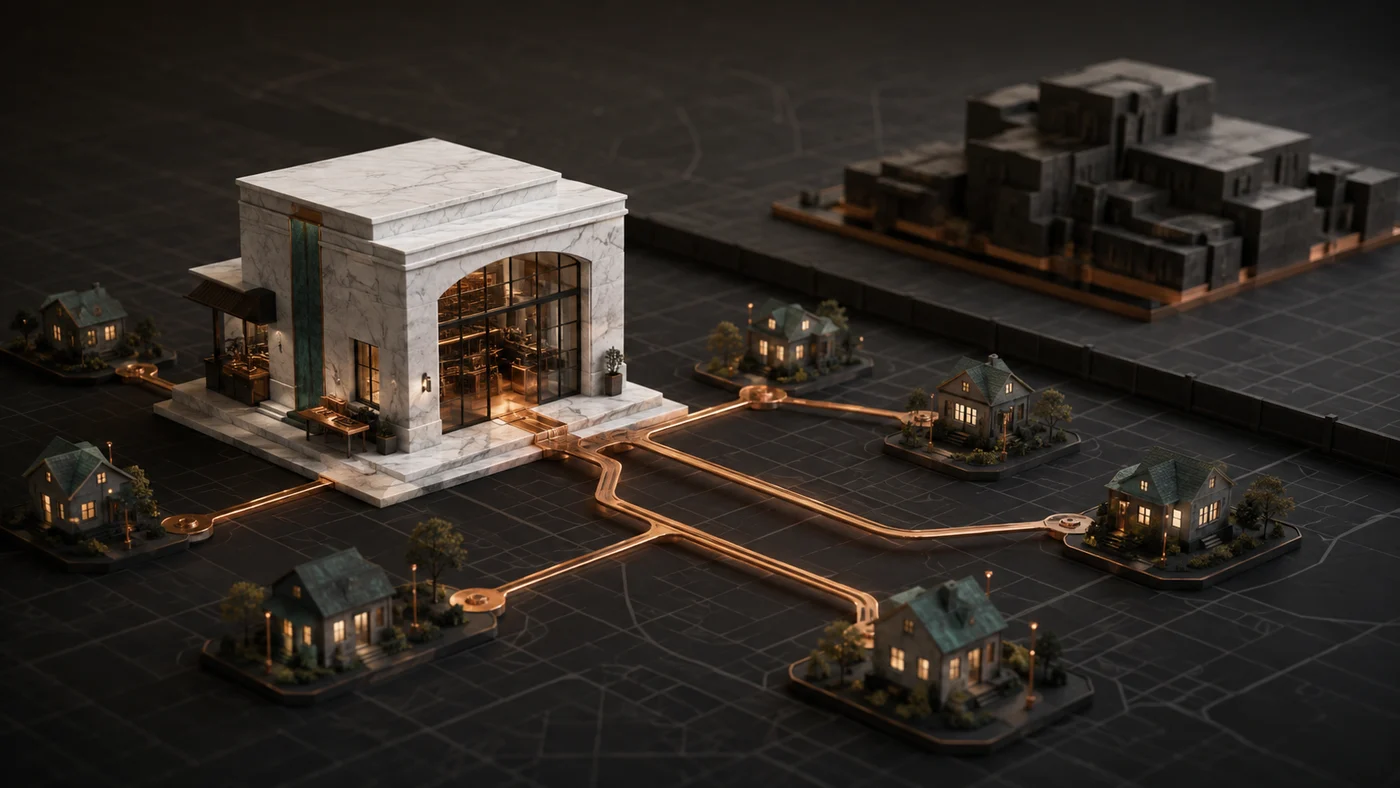 A local business represented by a copper and marble structure connected to its surrounding community