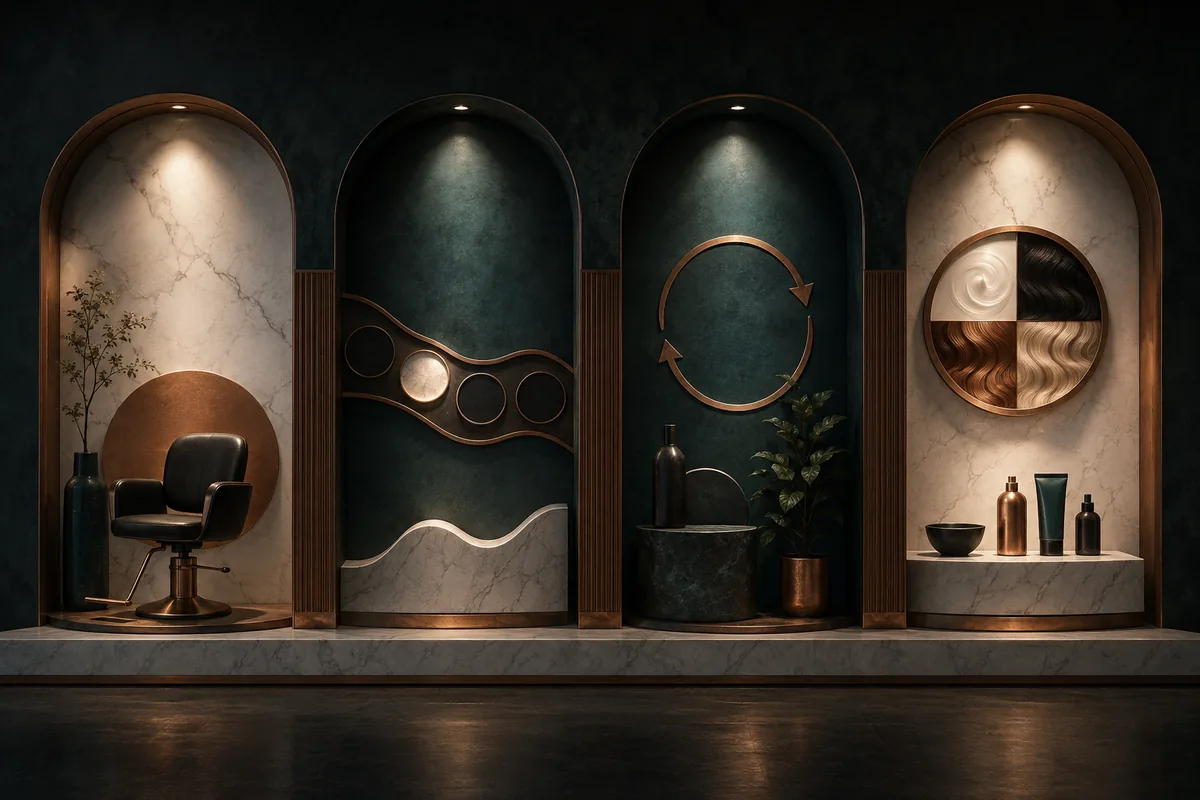 Four architectural salon scenes representing capacity, scheduling gaps, returning clients, and service mix