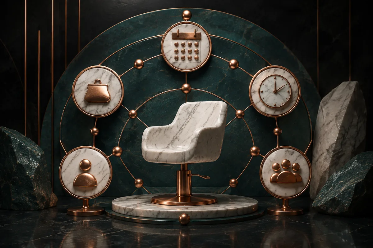 A marble salon chair surrounded by connected appointment, payment, client, and staff activity signals