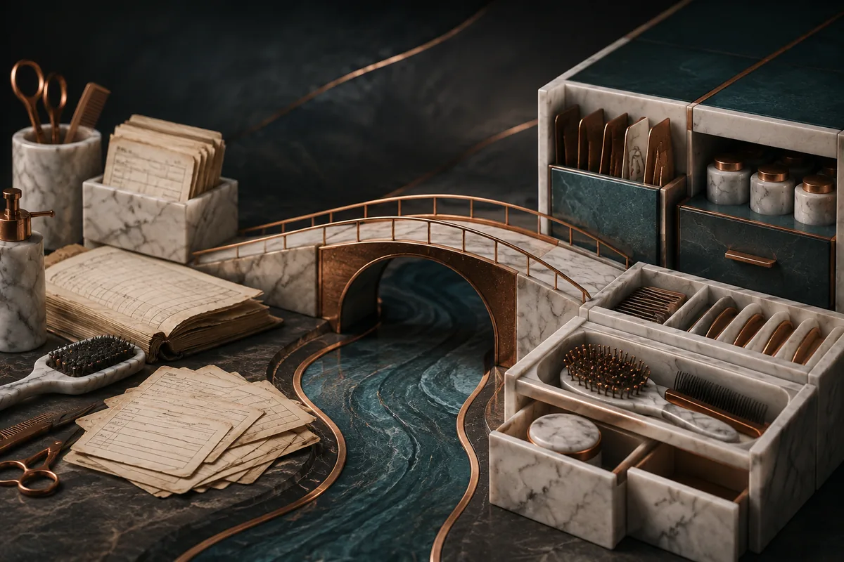 Paper salon records and familiar tools connected by a bridge to an organized operating system