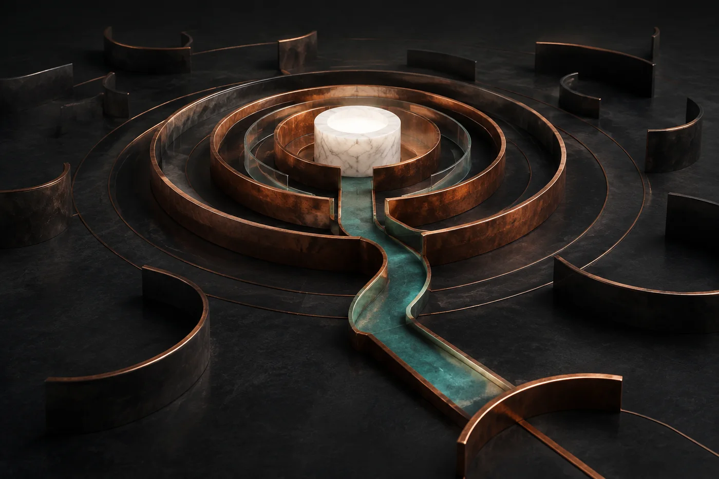 A white marble core protected by nested copper boundaries with one approved path